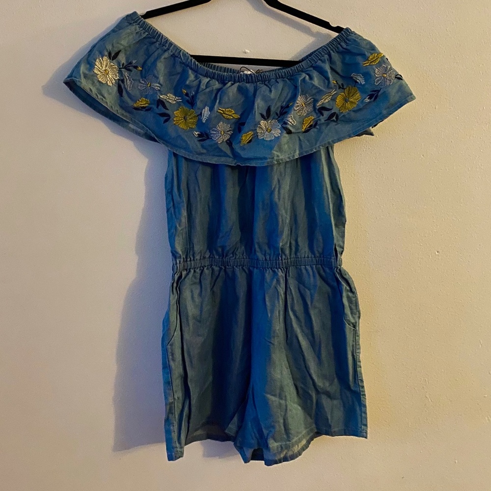 NWT Womens Embroidered Denim Romper